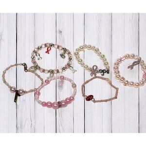 Breast Cancer Awareness Bracelet Bundle Pink Gold Silver Beaded Stretch OS